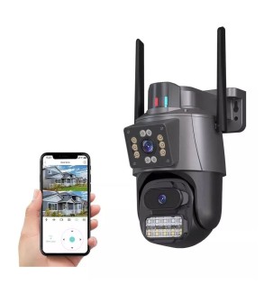 Camara IP, Inalambrica Wifi, Doble lente, 1 Fijo, 1 PTZ, Nocturna Infrarrojo y Led de apoyo, Baliza